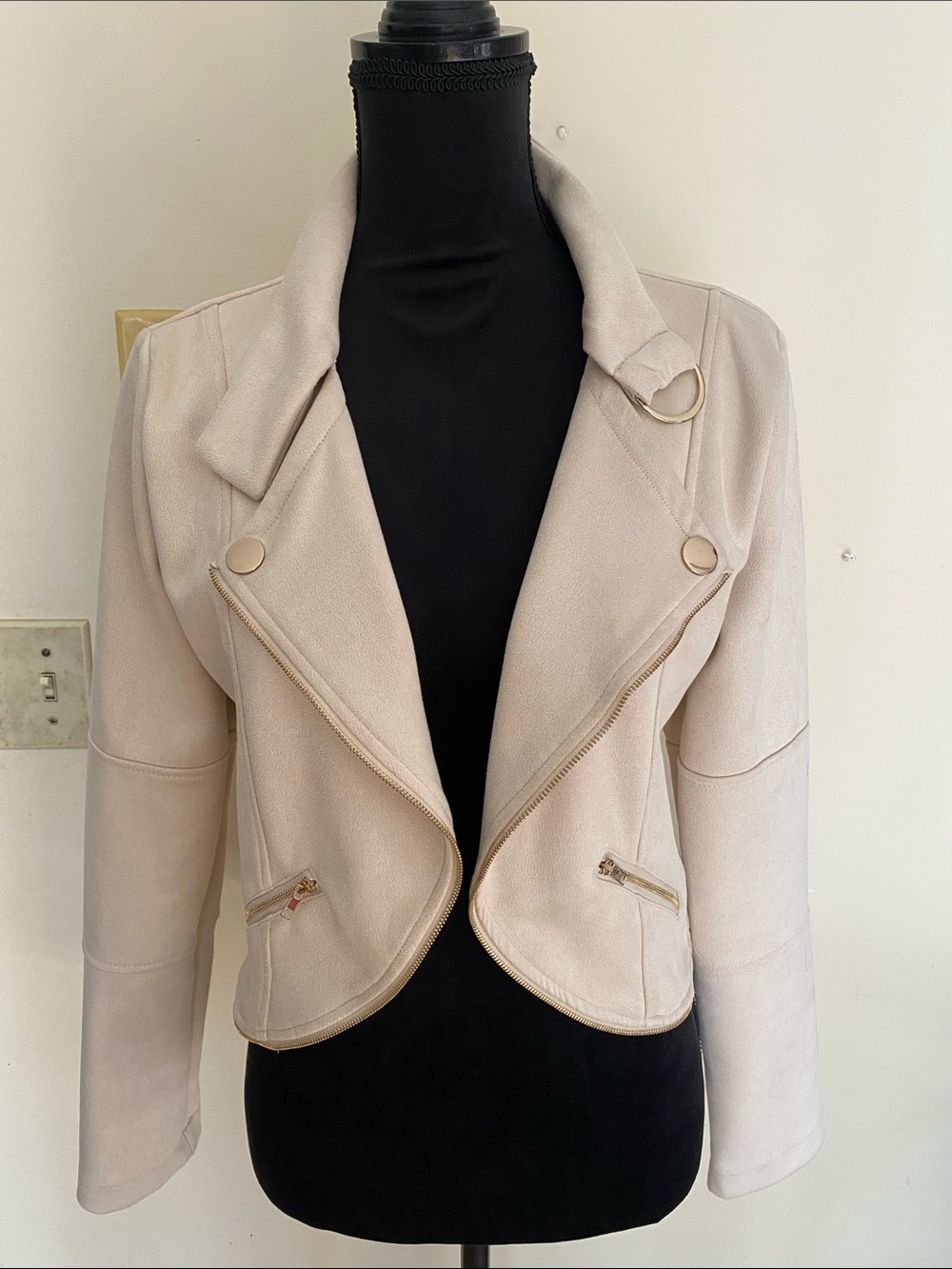 Mine Tailored Cream Faux Suede Moto Jacket with Asymmetrical Zip US Sz Large